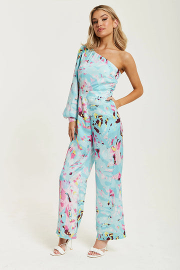 Blue Abstract Print One Shoulder Jumpsui Liquorish